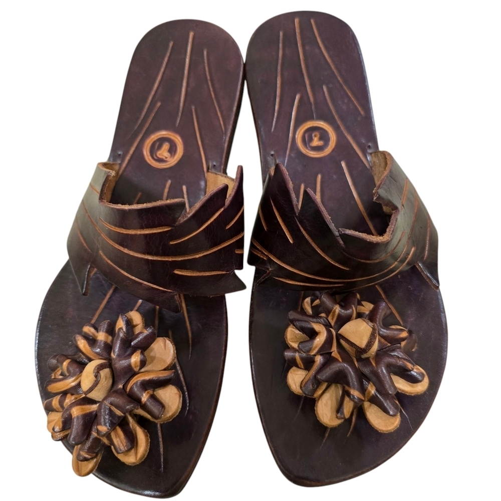 Hand Crafted Brown Leather Sandals with Layered Straps and Floral Design